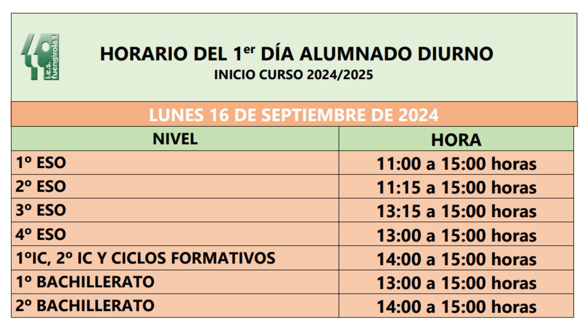 Horario De Recepci N Del Alumnado Diurno Inicio Curso Ies